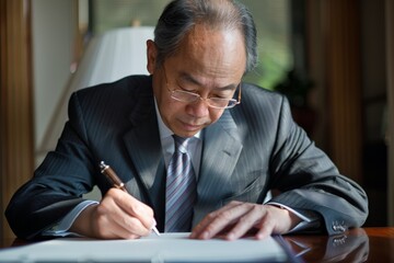 A well-dressed man in a business suit, seated at a desk in an office environment, signing an important document. The room has a formal and professional setting.
