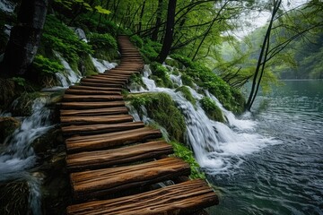 Obraz premium A wooden boardwalk built along the valley stream