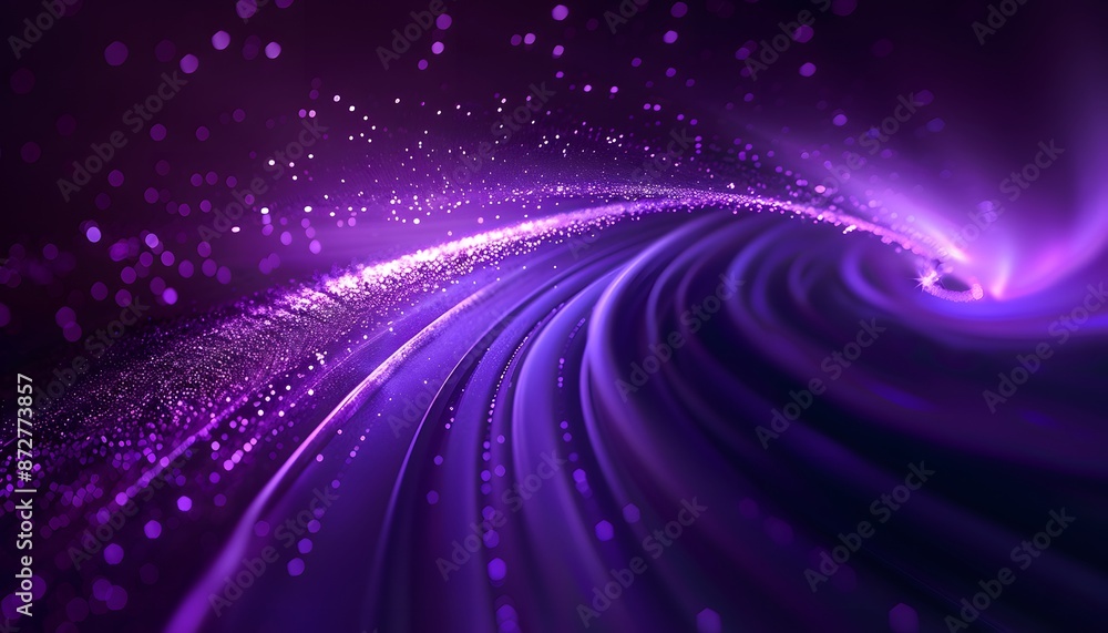 Poster purple bokeh effect background with spiral pattern and many small particles flying around it