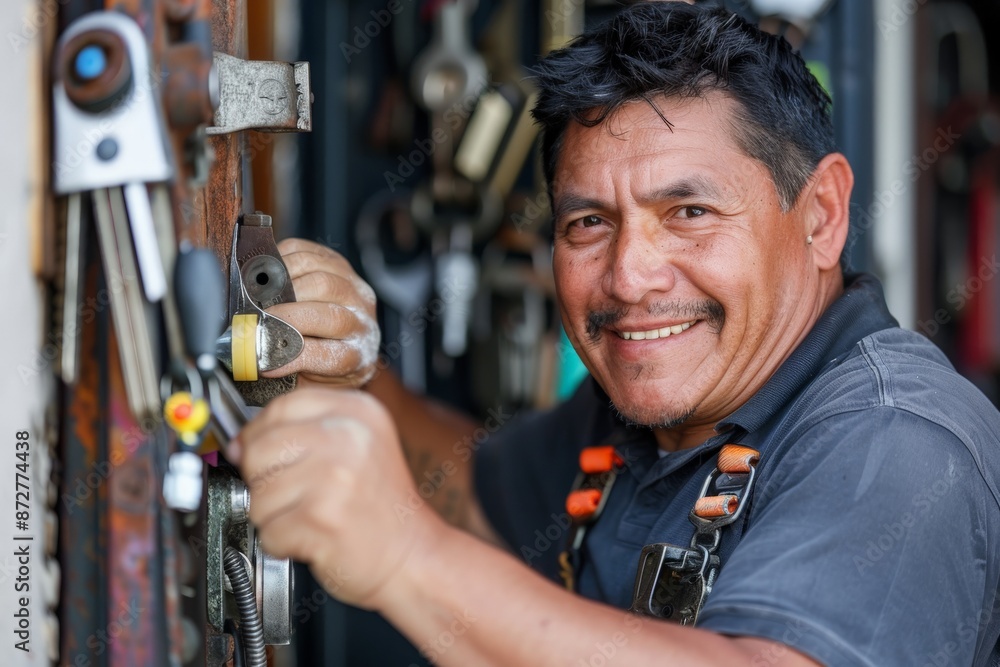 Poster a smiling tradesperson is seen working with various tools in a workshop, showcasing his dedication a
