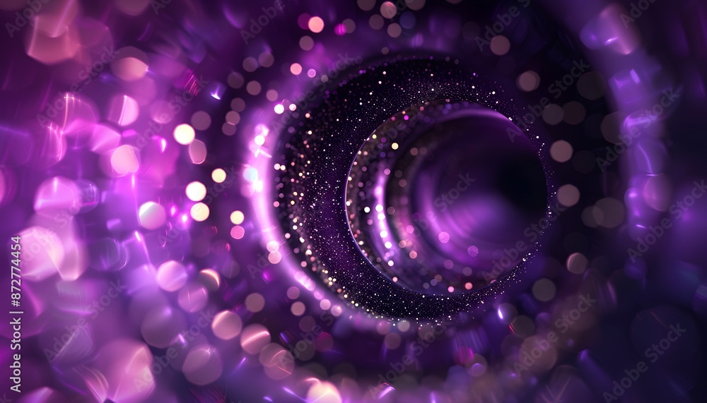 Poster purple bokeh effect background with spiral pattern and many small particles flying around it