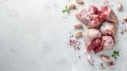 Chicken giblets and stomachs on white table top view with text space