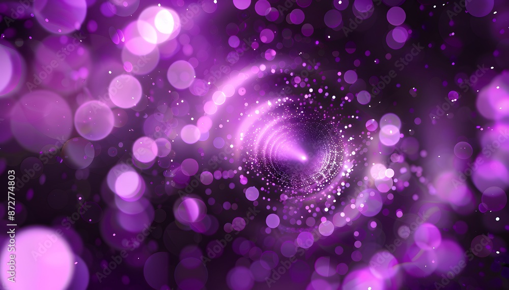 Poster purple bokeh effect background with spiral pattern and many small particles flying around it