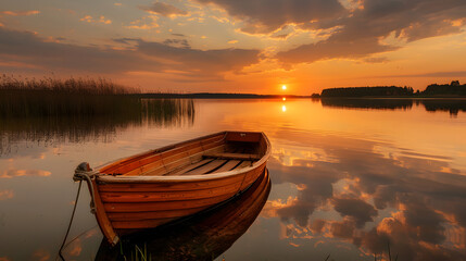 A small boat sits in a lake at sunset