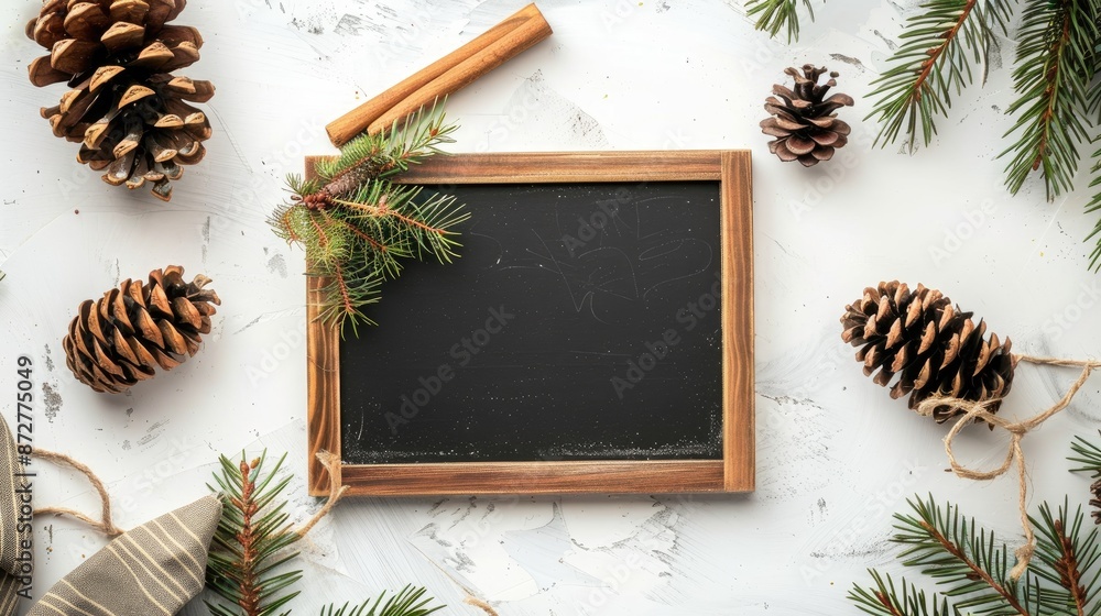 Poster top view of white desk with chalkboard and pinecones flat lay with space for text