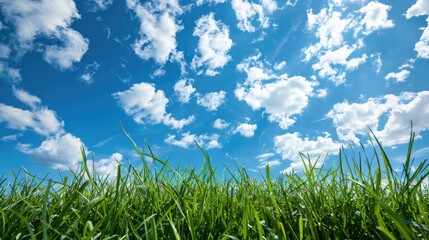 Obraz premium Scenic setting with green grass and blue sky room for text