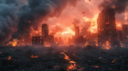 Destruction of cities. A photo depicting a city in flames and smoke from bombing, conveying the tragic consequences of destruction and despair