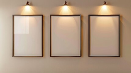 Three frames on a soft beige wall, evenly spaced, each under a warm spotlight, adding a touch of sophistication in