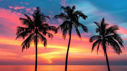 Obraz premium Silhouette of palm trees against a vibrant sunset on the beach