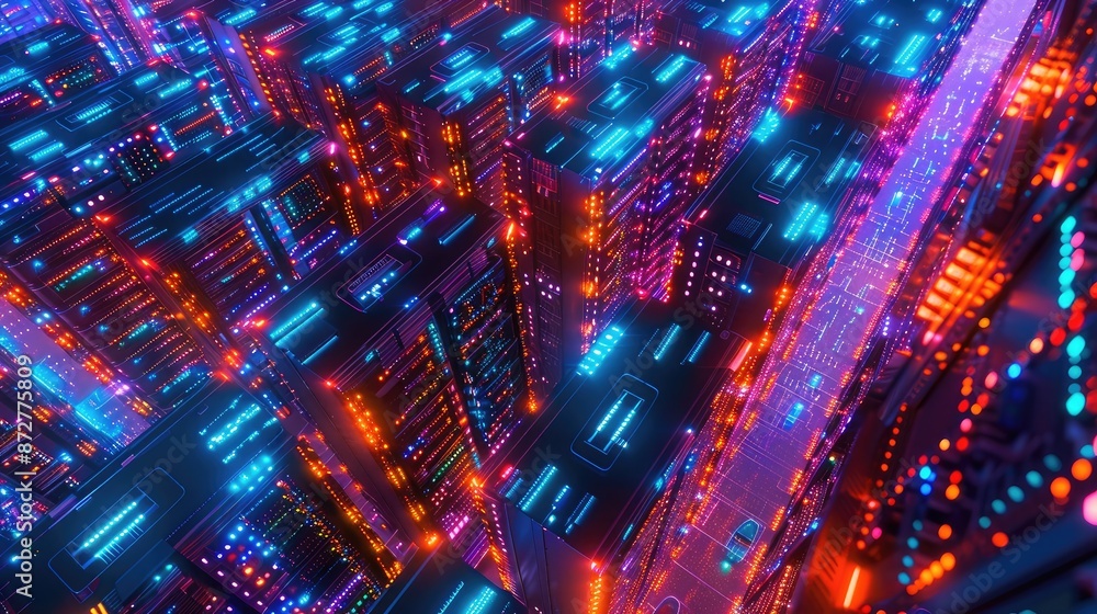 Poster an aerial view of a server farm with rows of illuminated server racks