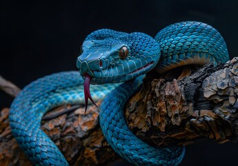 Blue Snake Coiled on Branch Macro Photography