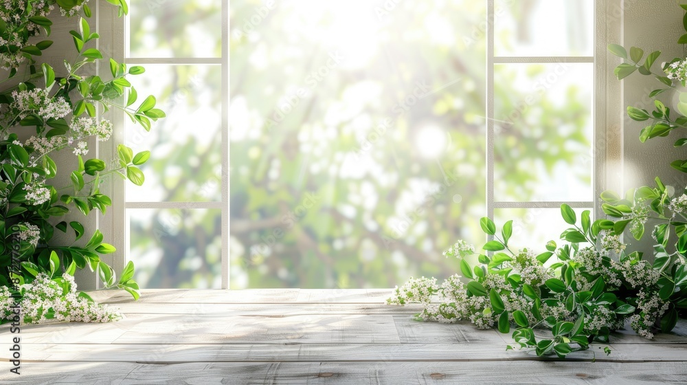 Poster board with empty space decorated with green flowers blurred white window and area for creating morni