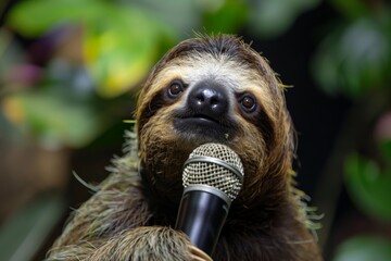 Fototapeta premium A cute sloth holds a microphone while surrounded by green foliage, appearing to perform or speak, merging natural animal charm with the portrayal of talent.