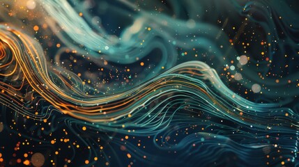 Abstract Teal and Gold Swirling Lines and Bokeh Lights.