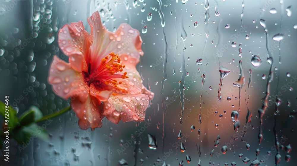 Canvas Prints blurred flower seen through raindrops on glass window