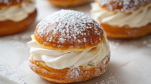 Classic Swedish pastry Semla on white backdrop