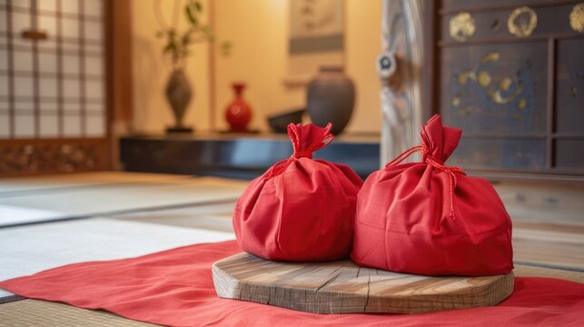Traditional Japanese red Otedama bean bags displayed on wooden plate with Tatami flooring in background