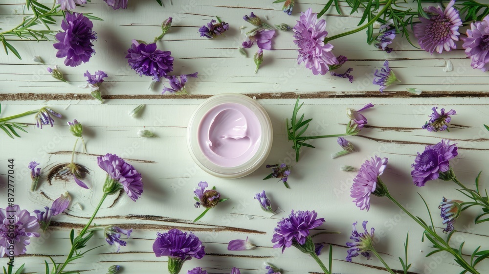 Sticker Cosmetic cream displayed on a white wooden table with purple flowers