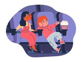 Children at the cinema, vector sticker. Isolated background.