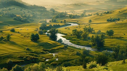 Naklejka premium An idyllic countryside scene with rolling hills and a winding river