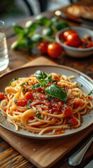 a plate with tomato sauce and spaghetti, topped with basil