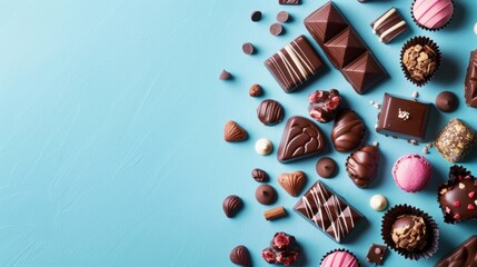 Photos of chocolates and sweets on blue background for card decoration