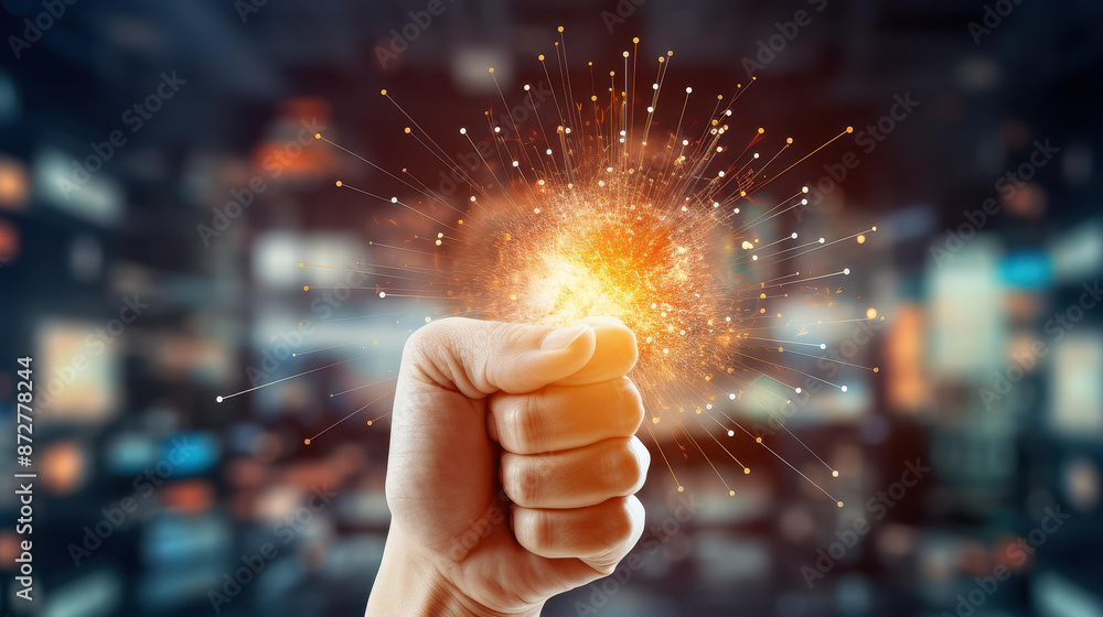 Poster powerful image of a clenched fist against a digital network backdrop, symbolizing strength and unity