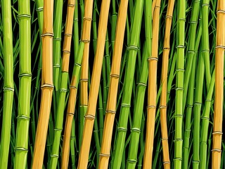 A close-up shot of green and yellow bamboo stalks against a black background.