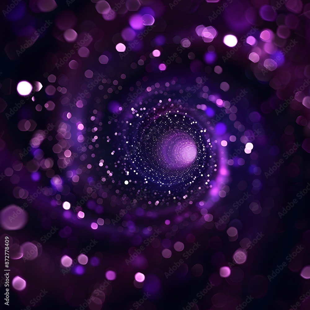Poster purple bokeh effect background with spiral pattern and many small particles flying around it