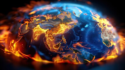 A vibrant digital illustration of Earth with glowing continents and fiery borders, representing energy, climate change, and global warming.