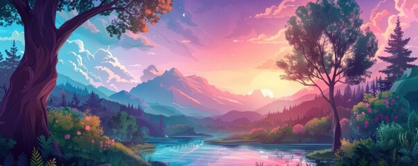 Obraz premium Oak forest, mountain ranges, tranquil brooks, flat design illustration