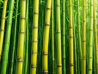 Lush green bamboo stalks stand tall in a vibrant forest.