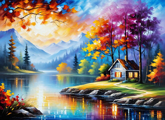 Mountain landscape with lake and hut