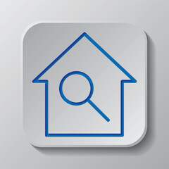 Magnifier, zoom, house simple icon vector. Flat design. Paper cut design. Cutted blue symbol with shadow. Gray badge button, gray background