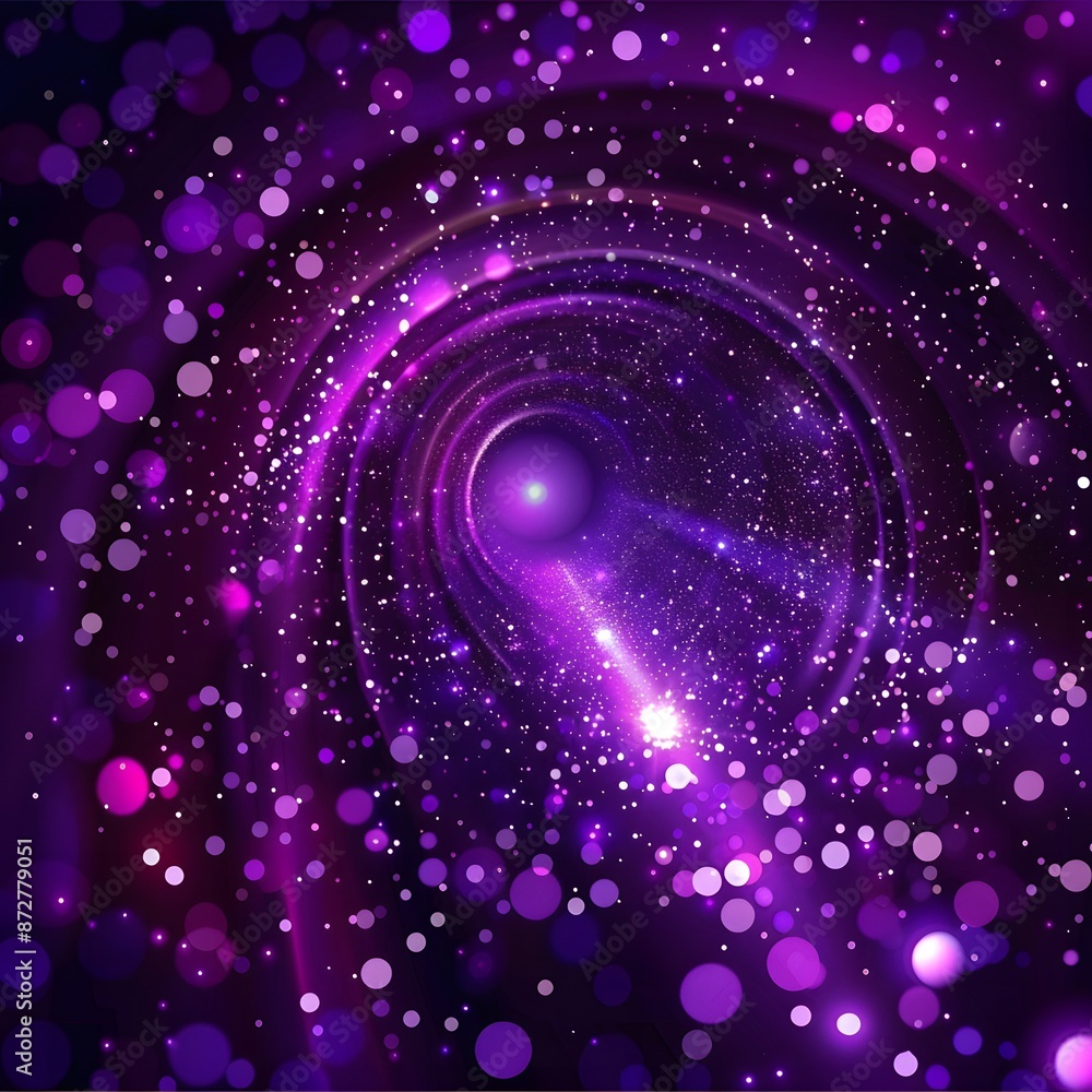 Poster purple bokeh effect background with spiral pattern and many small particles flying around it