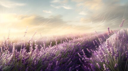 Naklejka premium Calming Lavender Meadow with Drifting Clouds in Golden Hour Scenery