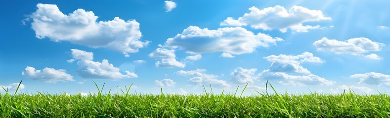 Obraz premium Green Grass Field with Blue Sky and Clouds