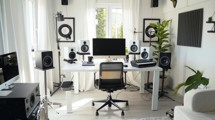 Fototapeta premium Modern Home Recording Studio Setup with White Desk and Black Speakers