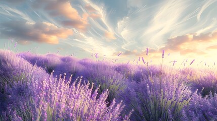 Fototapeta premium Calming Lavender Field at Sunset with Wispy Clouds and Muted Hues