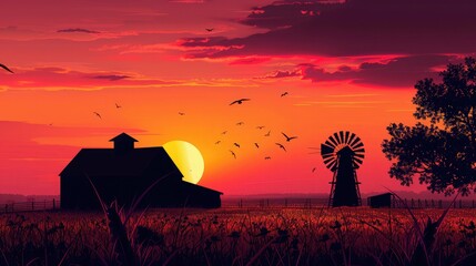 Silhouette of a farm with a barn and windmill at sunset