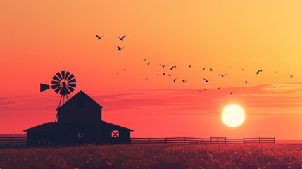 Silhouette of a farm with a barn and windmill at sunset