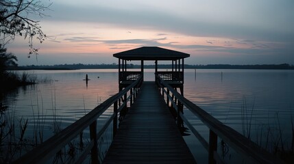 Obraz premium Silhouette of a fishing pier extending into a lake at dusk
