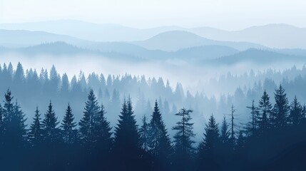 Fototapeta premium Silhouette of a forest with a foggy background and morning light