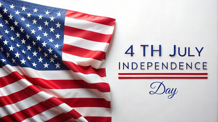 Obraz premium A conceptual greeting poster with an American flag hanging from the upper right corner on a white background and the words July 4th Independence Day.