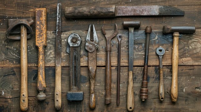 Collection of old carpentry tools displayed on aged wooden surface vintage idea