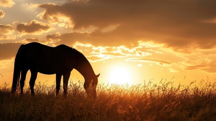 Silhouette of a horse grazing in a field at sunset