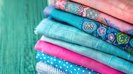 Variety of blue and pink fabric samples green background close up