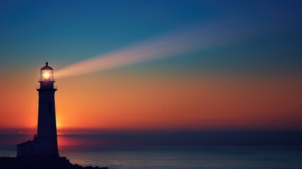 Silhouette of a lighthouse with a beam of light against a twilight sky