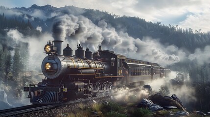 Fototapeta premium Majestic Steam Locomotive Traversing Misty Mountainous Landscape in Digital Art Rendering
