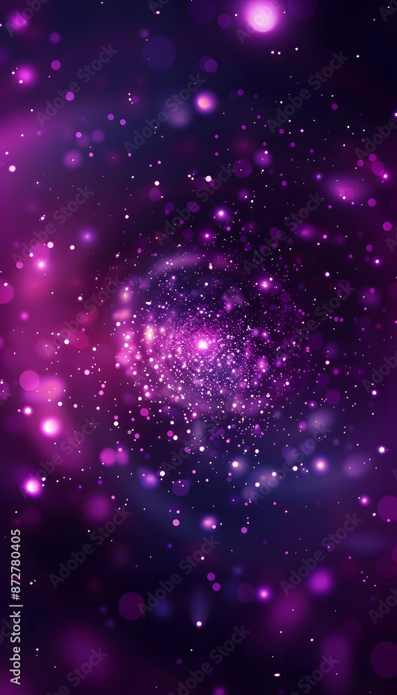 Poster purple bokeh effect background with spiral pattern and many small particles flying around it
